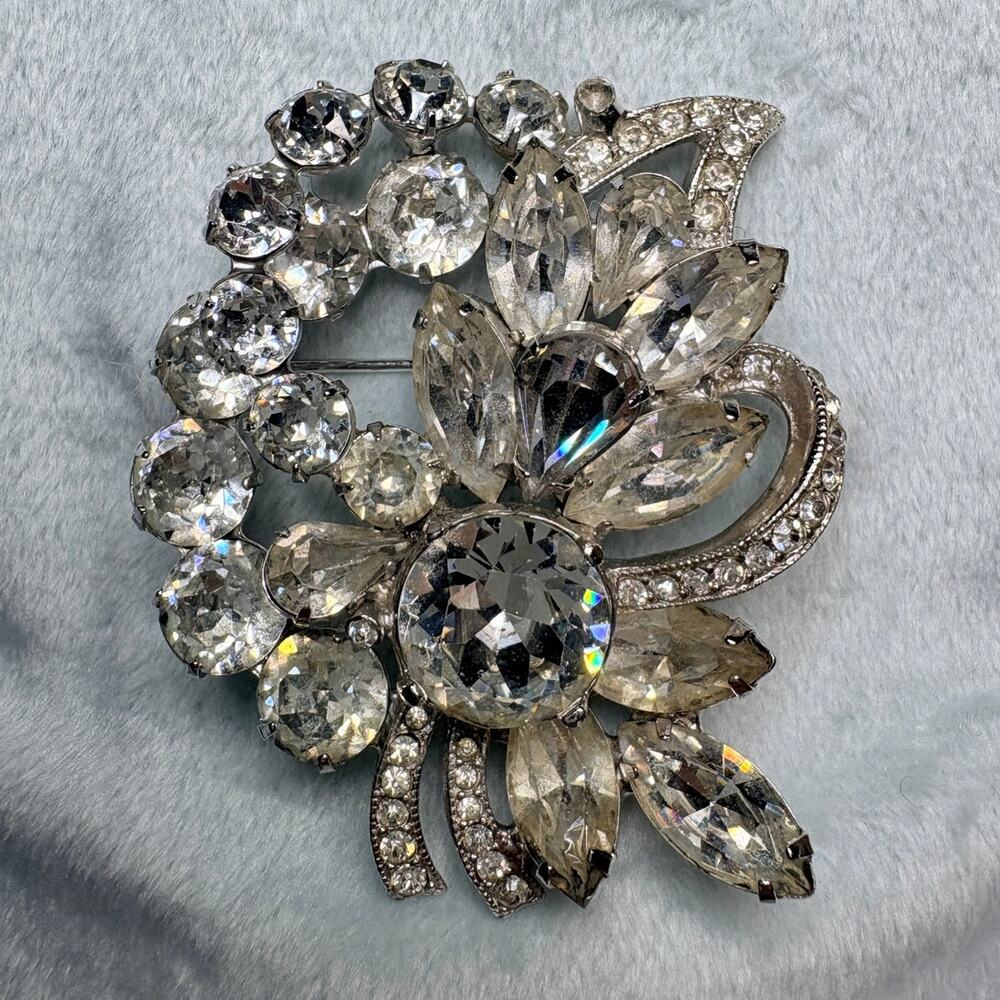 Eisenberg Ice Clear Rhinestone Floral Spray Brooch, 1960s Mid‑Century
